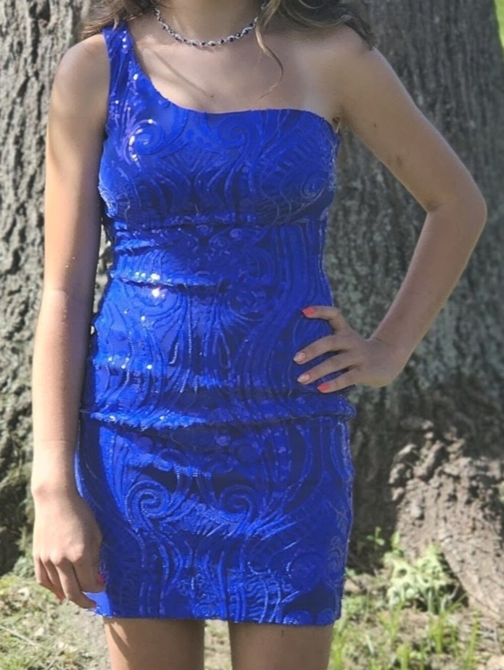 One-Shoulder Cobalt Sequin Bodycon Dress